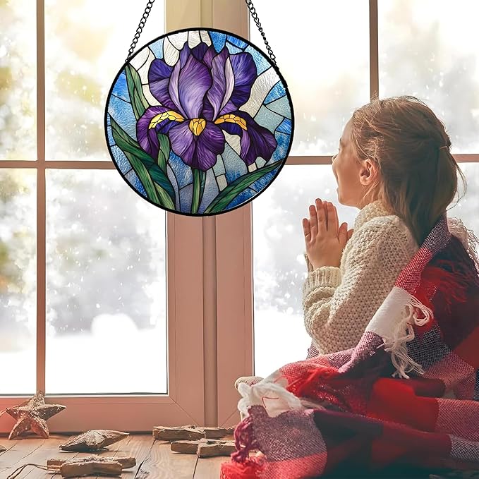 Stained Glass Window Hanging - Iris Birth Flower Suncatcher for Doors Garden Yard Purple Blue Sun Catchers Decor Christmas Mother's Day Birthday Gifts for Teacher Women Mom Nana 9.8 in