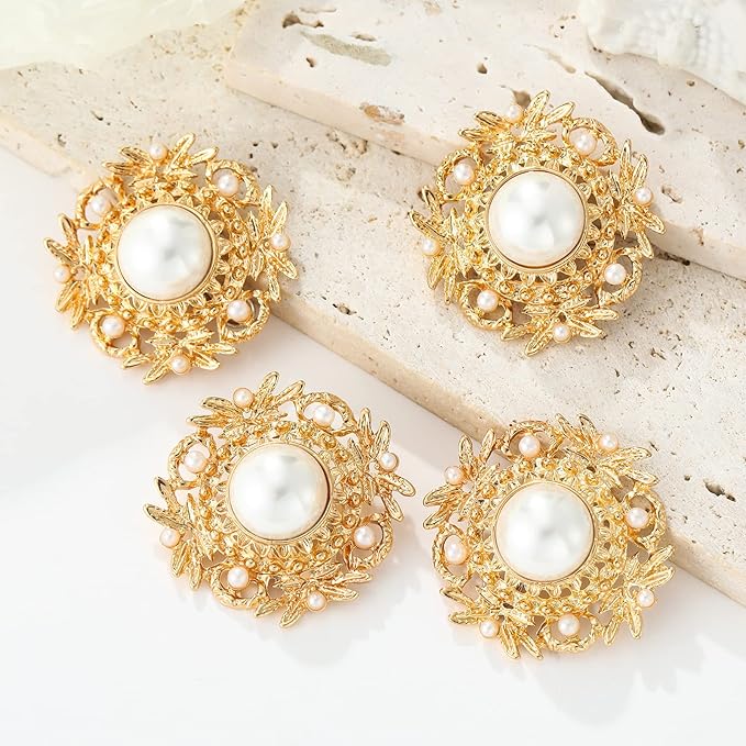 4 Pcs Sliver Rhinestone Buttons Crystal Embellishments for Clothing Jewelry Making DIY Decoration Bottons for Sewing Crafts Wedding Bridal (Pearl-Gold)