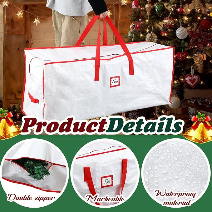 Amylove 4 Pcs Large Christmas Tree Storage Bags Heavy Duty Xmas Zippered Bags Bulk Waterproof Plastic Christmas Tree Container with Carry Handles(7.5 ft,White)