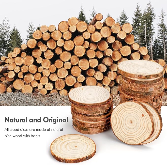 54Pcs Wood Slices, LOOFORE 2.4"-2.8" Unfinished Natural Wood Rounds with Pre-drilled Hole, for Burning Painting DIY Crafts Christmas Ornaments Party Wedding Decor
