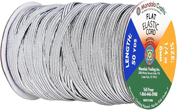Mandala Crafts 6mm 50 Yds Roll of Metallic Silver Elastic Bands for Sewing - 1/4 Flat Elastics Cord - 1 4 Inch Braided Stretch Straps for Crafting