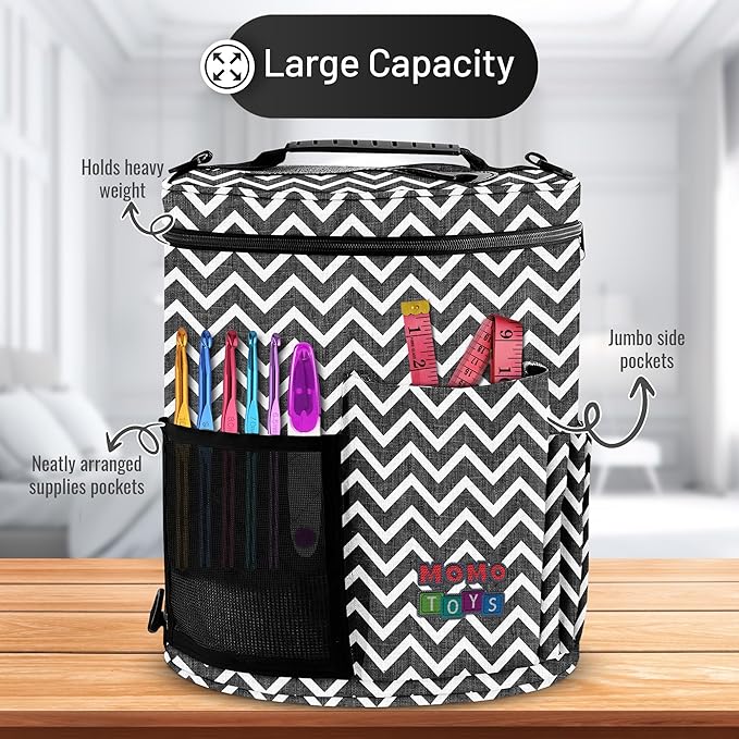Crochet Storage Bag – Compact Yarn Organizer for Crocheting on the Go, Holds Hooks, Needles & Supplies – Zigzag Gray