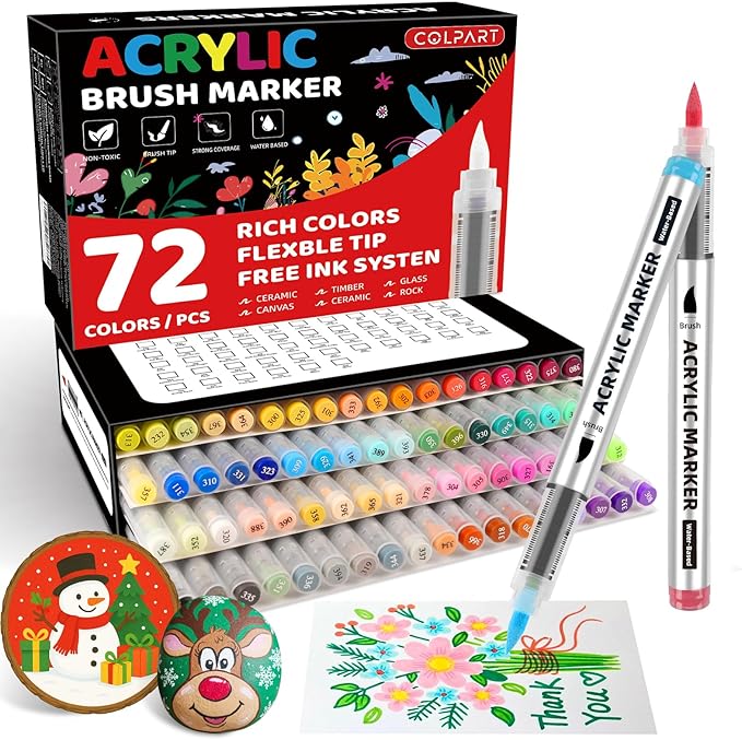 72 Colors Acrylic Paint Markers, Soft Brush Tip Paint Pens and Paint Markers, Acrylic Paint Pens for Wood, Christmas Gifts,Stone,Canvas,Pumpkin,Glass,Egg,Rock Painting and DIY Crafts Art Supplies