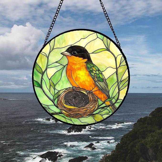 Stained Glass Window Hanging 4 Pcs Set Bird Theme On Branch Large 11.8" - Cardinal Suncatcher Door Garden Sun Catcher Decor Birthday Christmas for Mom Woman Nana Men