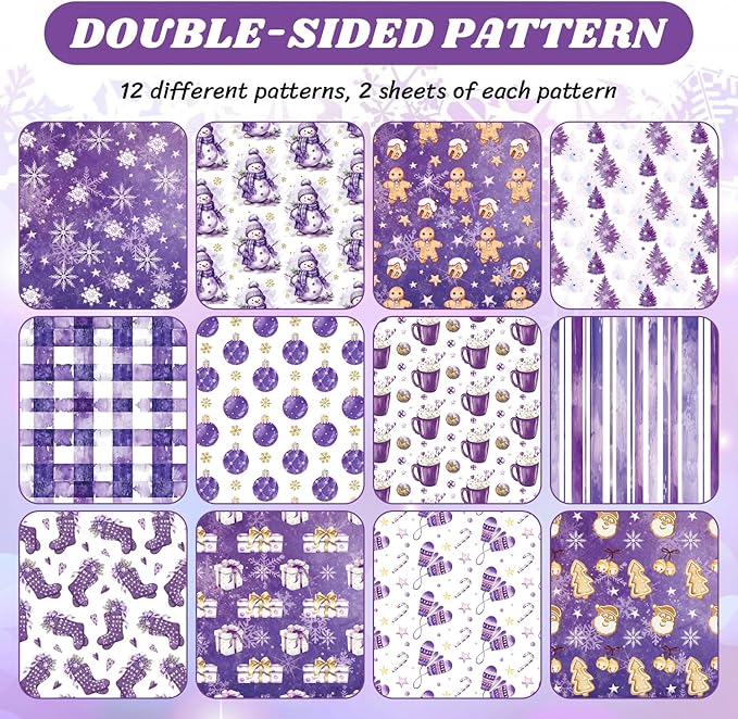 24 Sheets Christmas Scrapbook Paper 12'' × 12'' Double-Sided Watercolor Xmas Purple Pattern Paper Decorative Art Cardstock for Holiday DIY Crafts Card Making Scrapbook Supplies