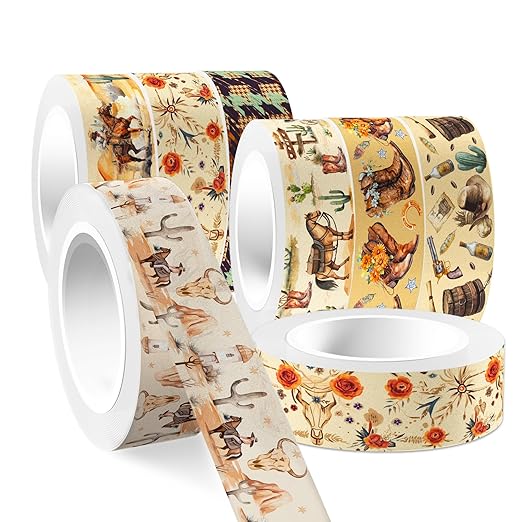 12 Rolls Western Washi Tape Masking Decorative Cowboy and Cowgirl Washi Tape for DIY Craft Gift Wrapping Handbook Sticker Scrapbook Journaling Party Favor