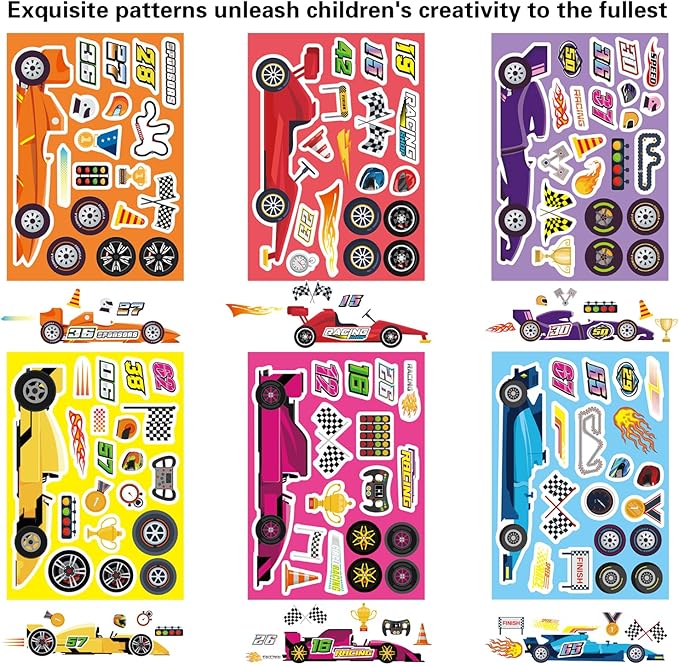 24 Sheets Make Your Own Race Car Stickers, Sporty Racing Car Stickers for Kids, Racing Gifts Party Favors Supplies, Classroom Teacher Reward Educational Toy Art Craft