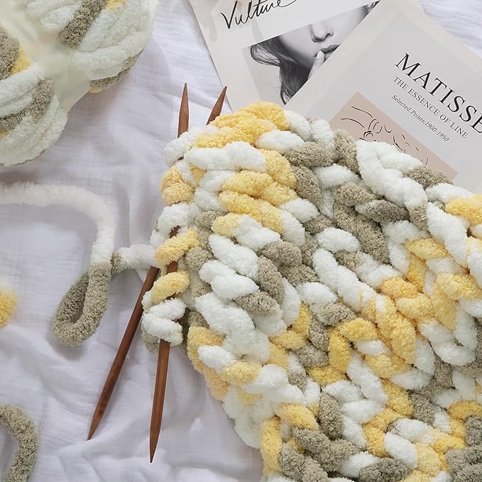 HOMBYS 8 Pack Giant Chunky Yarn for Crocheting,Super Bulky Large Soft Fluffy Yarn,Tie Dye Plush Fuzzy Yarn,Mixed Color Thick Chenille Yarn for Hand Knitting/Arm Knitting (White,Yellow,Brown)