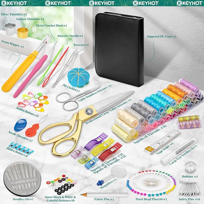 KEYHOT Sewing kit Basic,Needle and Thread Kit,Travel Small Sewing Machine Supplies for Adults Beginners Men, Home Travel Emergency Including Scissors Measure Tape Needle Threader (203pcs)