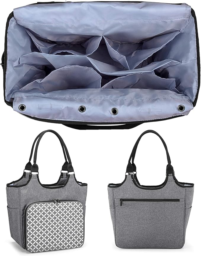 YARWO Knitting Tote Bag, Yarn Storage Organizer for Yarn Skeins, Knitting Needles, Crochet Hooks and Knitting Projects, Christmas & New Beginnings Gifts for Women, Gray with Grid (Patent Pending)