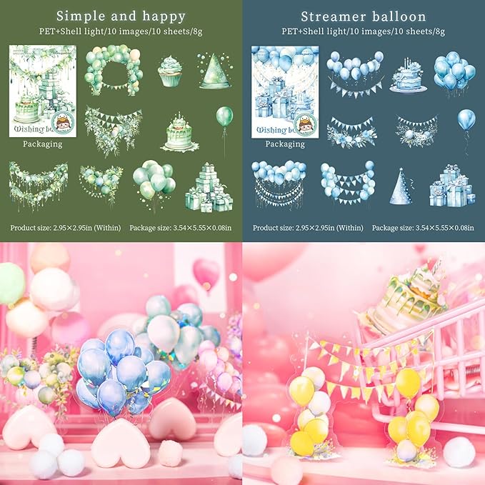 60 PCS Exquisite Fantasy Wishing Balloon Glitter Shiny PET Sticker, Decorative Birthday and Holiday Themed Shine Stickers for Scrapbooking, Journaling, Waterproof DIY Crafts and Junk Journal Supplies