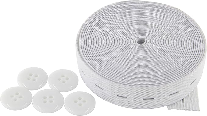 Flat Sewing Band Spool with Buttonholes, Elastic Stretchable, Ideal for DIY Waistbands and Necklines (White, 3/4 inch × 5 Yards)