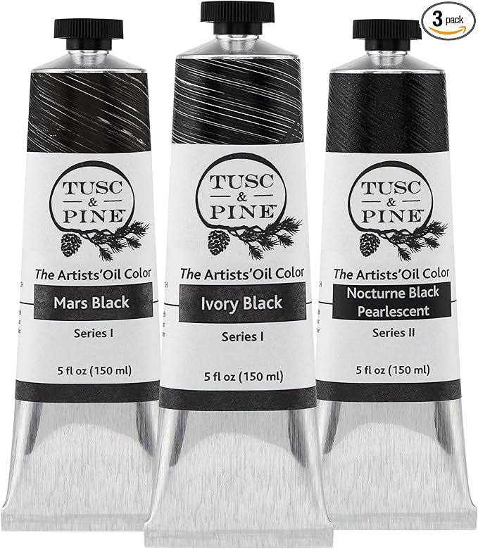 Tusc & Pine Artist Oil Paint - Set of 3, 150 ml, Black Colors, 450 ml of Non-Yellowing, Creamy Consistency, Max Pigment Load, Small Batch Milled Oil Paints Made in the USA for Professional Artists