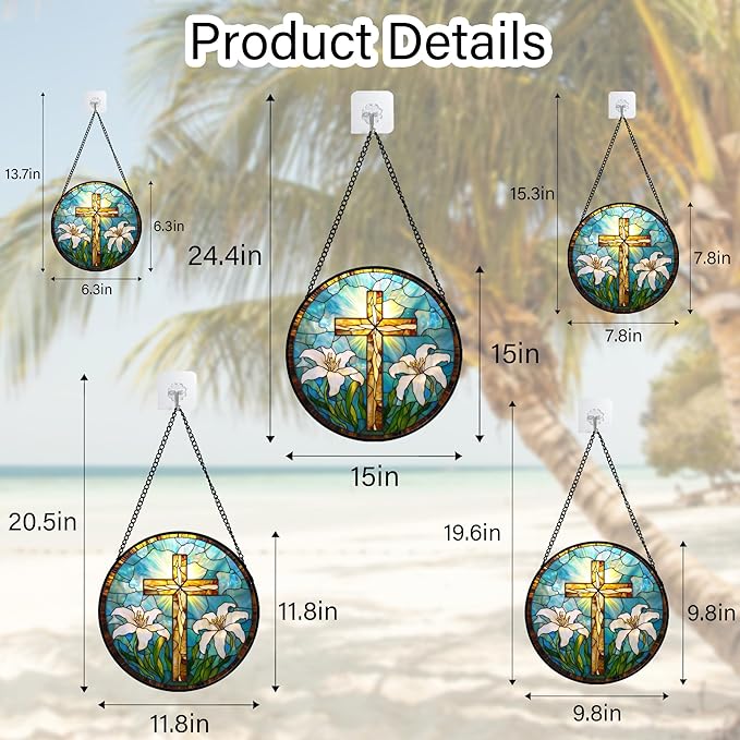 Christian Gifts for Women - Cross Stained Glass Window Hanging Jesus Easter White Lily Flower Sun Catcher Garden Religion Decor Mother's Day Catholic Gift for Men Grandma Mom Her Nana 7.8"