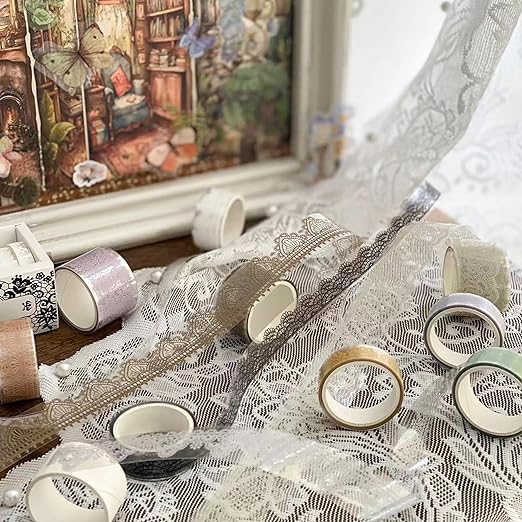 6 Rolls Lace Patterns PET Tapes Floral Arts Decorative Tape Set Adhesive Transparent Masking Tapes for DIY Craft, Kids, Scrapbook, DIY, Gift Wrapping, Journal (Tranquil Dew)