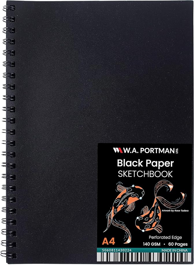 WA Portman Black Paper Sketchbook A4 (8.3" x 11.7") – 140 GSM Acid-Free Black Book Marker Paper – 60 Pages (30 Sheets) Spiral Scrapbook Journal – Mixed Media Sketch Pad for Kids & Adults