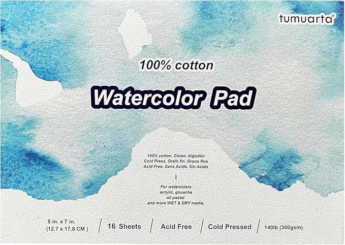 tumuarta Watercolor Paper Pad, 100% Cotton, 5x7, 140LB, 300 GSM, 16 Sheets, Acid Free, Cold Press, Watercolor Paper Mixed Media Sketch Books for Watercolors, Acrylic, Gouache, More Dry & Wet Media.