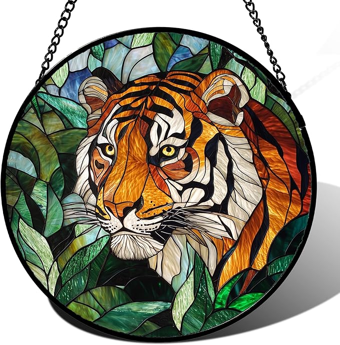 Stained Glass Window Hanging, Fierce Tiger Sun Catcher for Door Home Decor Wild Animals Suncatcher Christmas Mother's Day Birthday Gifts for Women Men Mom and Nana 11.8 in