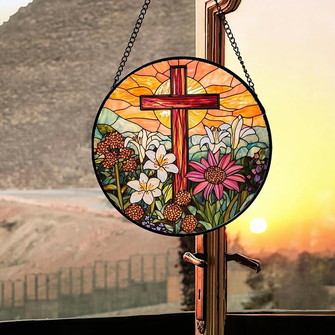 Christian Gifts for Women - Cross Stained Glass Window Hanging Easter Flower Sunset Landscape Sun Catcher Garden Religion Decor Mother's Day Catholic Gift for Men Grandma Mom Her Nana 15"