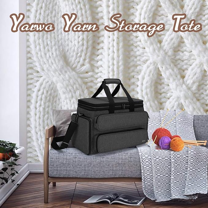 Yarwo Knitting Yarn Bag, Portable Crochet Storage Tote with Double Top Cover and Yarn Holes for Knitting Needles(Up to 14”), Unfinished Projects and Skeins of Yarn, Black
