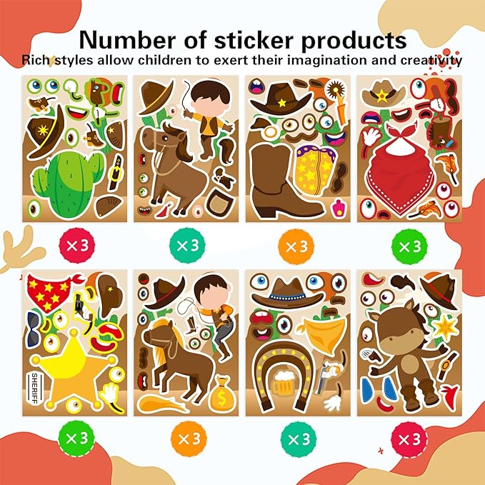 24 Sheets Western Cowboy Stickers, Make a Face Stickers for Kids, Make Your Own Cowboy Sticker DIY Crafts for Birthday Activities Party Supplies Classroom Rewards Gifts
