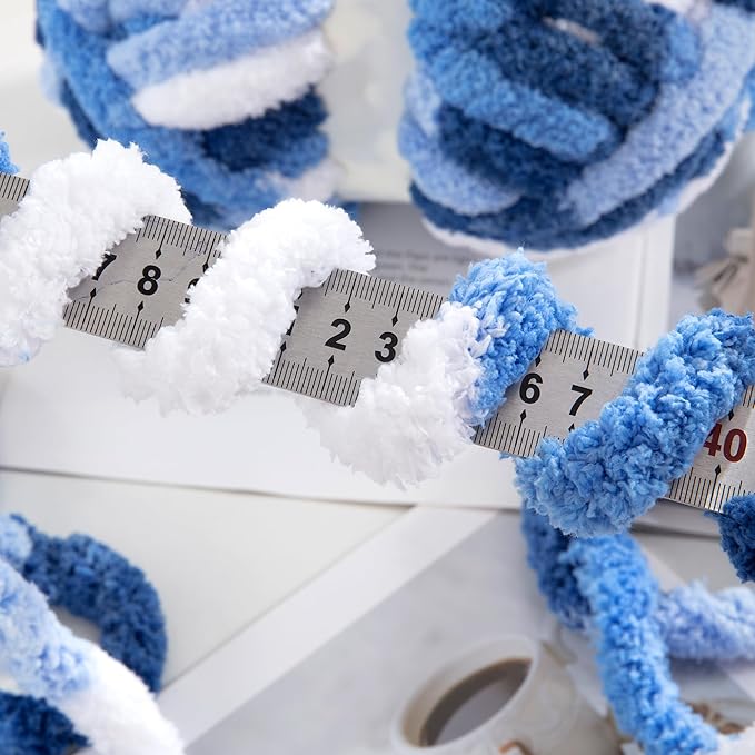 Hombys 8 Pack Giant Chunky Yarn for Crocheting/Hand Knitting, Super Bulky Soft Fluffy Tie Dye Plush Fuzzy Mixed Color Thick Chenille Yarn (Blue, Light Blue, White)