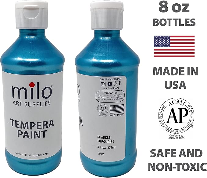 milo Washable Paint | Sparkle Pearlescent Tempera | Set of 8 Colors 8 oz Bottles | Made in the USA | Washable and Non-Toxic Glitter Arts & Crafts Poster Paints for Classroom, School, Project