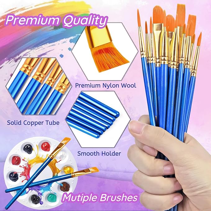 132PCS Valued Paint Brushes and Palettes Set，12Pack of 120PCS Paint Brushes Bulk, 12 Paint Paint Trays, Artist Acrylic Brushes Nylon Brush Head, Suitable for All Purpose Oil Watercolor Painting Set
