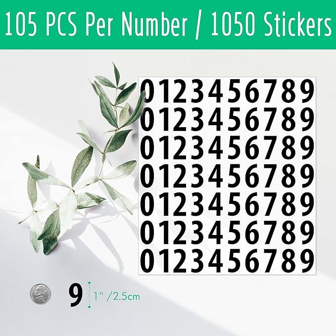 1050 PCS Number Stickers, 1” Water Resistant Vinyl Stickers Consecutive Number 0-9 Labels Self-Adhesive Without Residue Left for Office, Classroom, Indoor, Boxes, Storage (15 Sheets, Black)