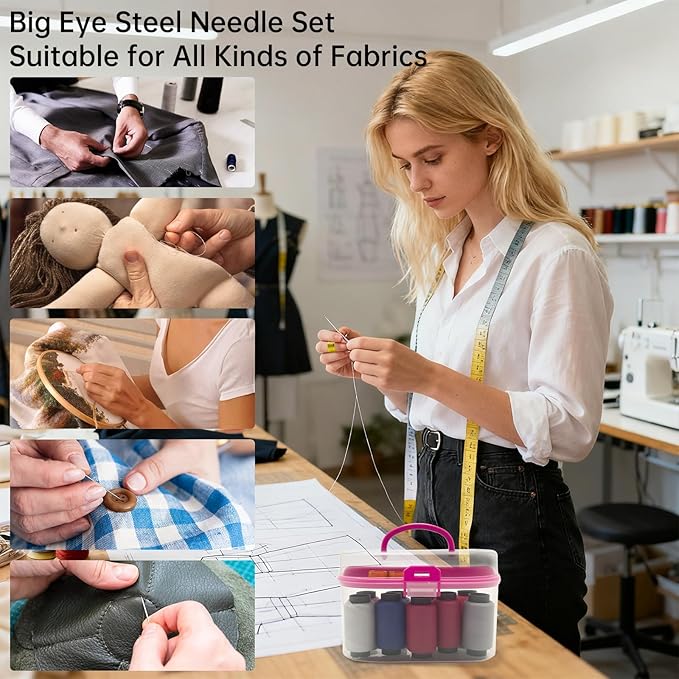 40piece Stainless Steel Needles for Hand Sewing,Big Eye Steel Sewing Needles Kit,Stainless Steel Sewing Needle Kit with Thread Ripper, Needle Threaders,Threads,Thimbles and Sewing Box