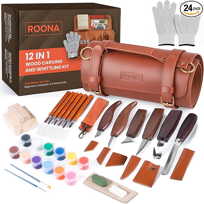 ROONA Wood Carving Kit, 24Pcs Deluxe Kit with Carving Knives, Chisel Set, Sharpening Compound with Polisher, Gloves, Paint Set & Basswood Blocks – Whittling Knife Set with Rolling PU Leather Case