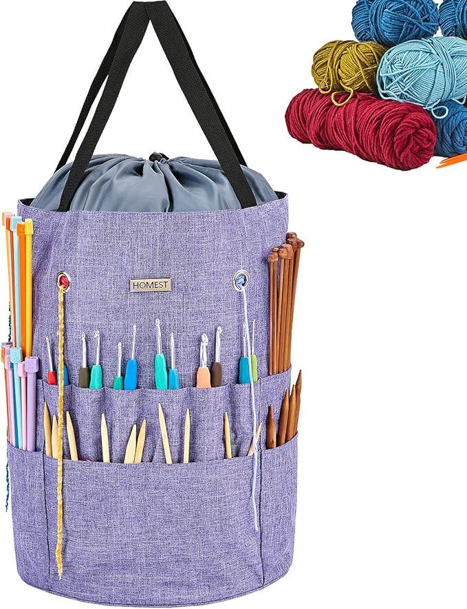 HOMEST Large Crochet Bag with Customized Front Compartment for Knitting Accessories, Yarn Storage with 6 Oversized Grommets, Tote Organizer with Drawstring Closure, Purple