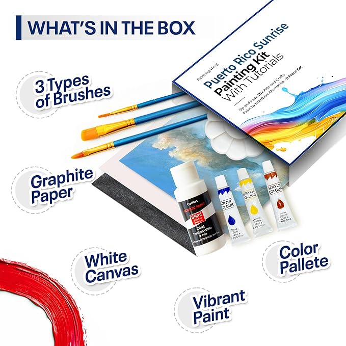 Painting4Real DIY Art Painting Kit for Adults – Learn to Paint Puerto Rico Sunrise with Video Tutorials – 9 Pieces Acrylic Paint Set for Adults – Christmas Crafts & Holiday Gifts for Art Lovers