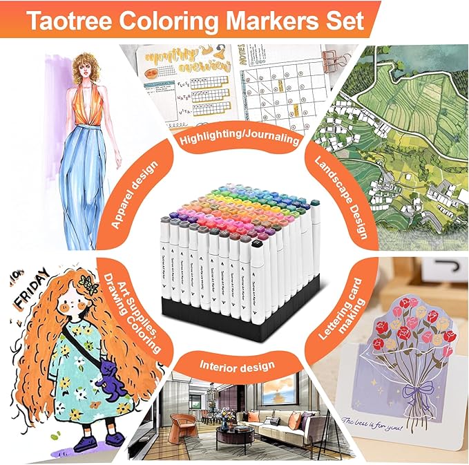 Taotree Alcohol Markers Set 100 Colors with Case & Holders, Dual Tips Art Coloring Markers Pens, Chisel & Fine Art Supplies Sketch Pens for Artist Adult Coloring Books Drawing, Painting, Sketching
