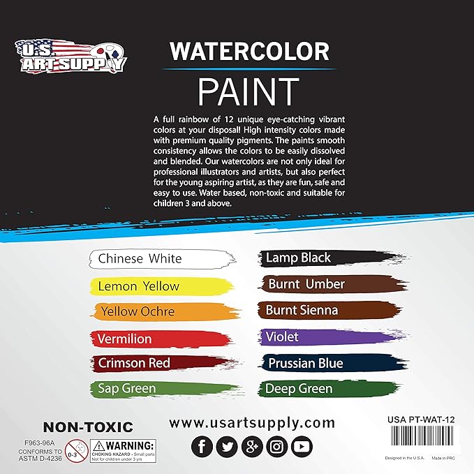 U.S. Art Supply 12-Color Water Colors Paint Set, 12ml Professional Watercolor Tubes, Vibrant Pigments - Water Colors Paint Adult Set for Artists