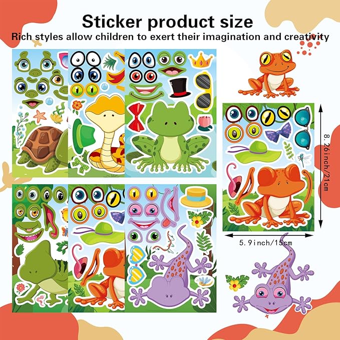 24 PCS Make-a-face Sticker for Kids, Make Your Own Reptile Animal Mix and Match Sticker with Snakes, Lizards, Frogs, Turtles, Kids Party Favor Supplies Craft
