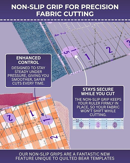 The Quilted Bear Quilting Rulers - Transparent Acrylic Non Slip Quilting, Patchwork & Sewing Ruler with Clear Black Lines & 30, 45 & 60 Degree Angles for Perfect Accuracy & Precision (2" x 12.5")