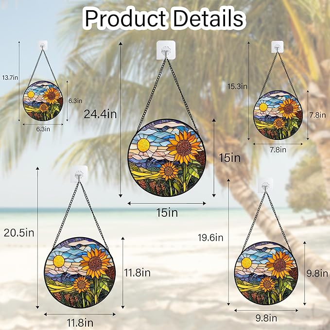 Stained Glass Suncatcher, Sunflower Flowers Landscape Sun Catcher Plant Mountains Stain Glass Window Hanging Decoration Mother's Day Birthday Gifts for Women Men Mom Nana 9.8 in