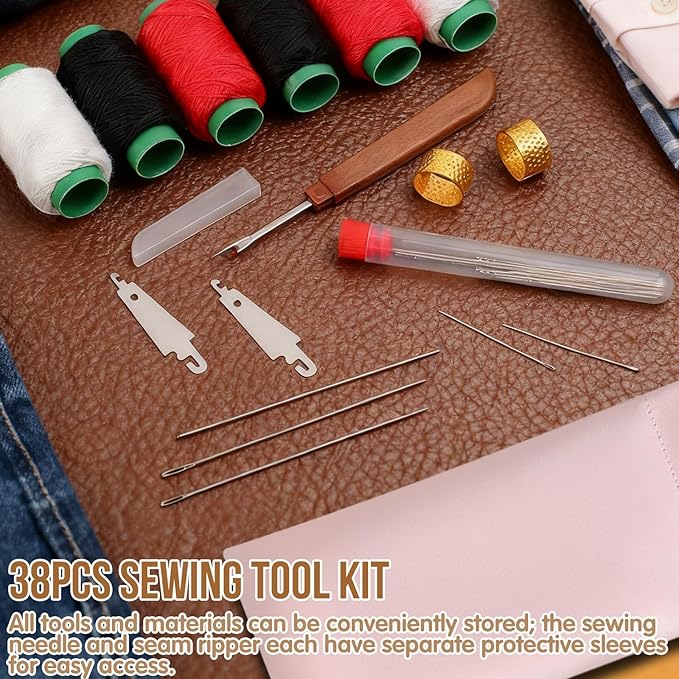38Pcs Big Eye Steel Sewing Needles Kit, Include 25 Steel Needles, 1 Seam Sewing Thread Ripper, 2 Needle Threaders, 6 Threads, 2 Thimbles, 1 Storage Tube, 1 Storage Bag for Mending, Gift for Lovers