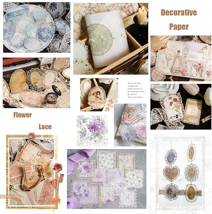 Maxleaf 60Pcs Lace Edged Flower Scrapbook Paper for Letter Writing Vintage Decorative Paper Scrapbooking Supplies DIY Planners Aesthetic Bullet Collage Stationery Paper