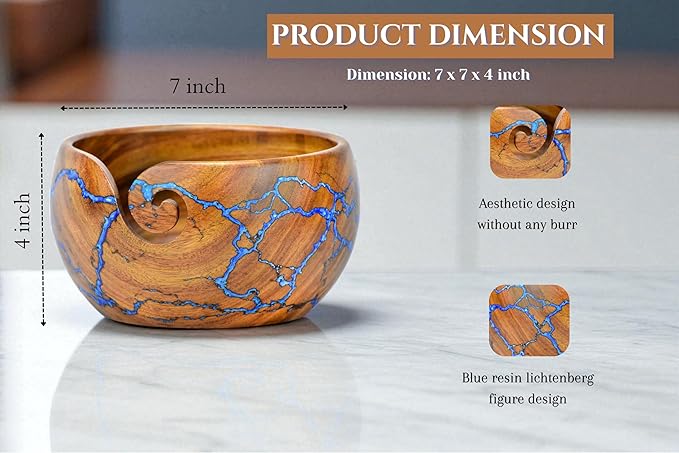 Large Yarn Bowl for Crocheting, Indian Rosewood Knitting Wooden Large Yarn Bowl Holder, Handmade Crocheting String Storage Holder, Knitting Crochet Accessories. (Brown + Blue Resin)