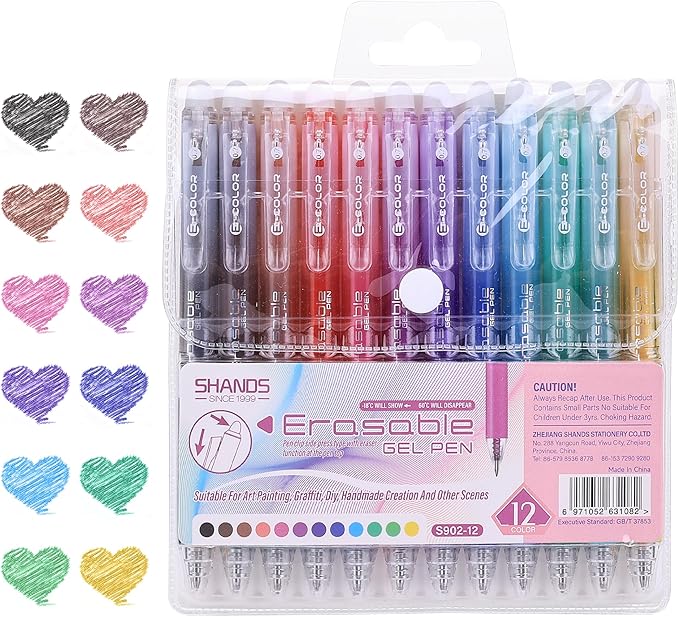 Erasable Gel Pens, 12 Colors Retractable Fine Point Erasable Pens Clicker, Assorted Color Inks, Make Mistakes Disappear for School Office Home, Drawing Writing Planner, Coloring