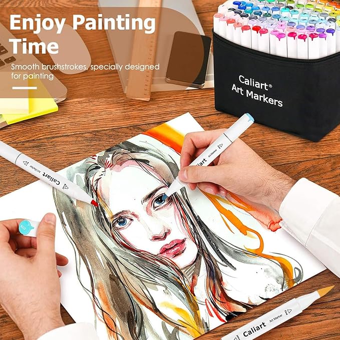 Caliart Alcohol Based Markers, 81 Colors Art Drawing Markers Set Dual Tip Brush & Fine Permanent Colored Sketch Pens, with Case for Artists Adults Coloring Book