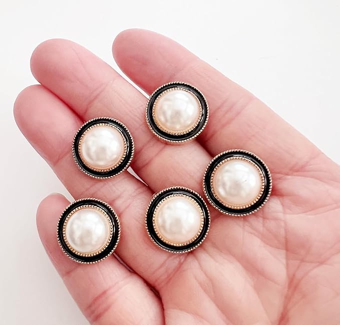 PEPPERLONELY 10PC Faux Pearl Metal Buttons for Clothing, Jeans, Crafts, Pants, Blazer, Sewing, Jacket, Jewlery Making (Gold/Black, 15mm)