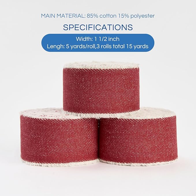 Pretty Jolly Red Denim Ribbon for Crafts Handmade Rustic Frayed Cotton Jean Fabric Ribbon for Flower Bouquet 15 Yards 1 1/2 Inch Cloth Ribbons for Gift Wrapping Hair Sewing Accessories Holiday Decor