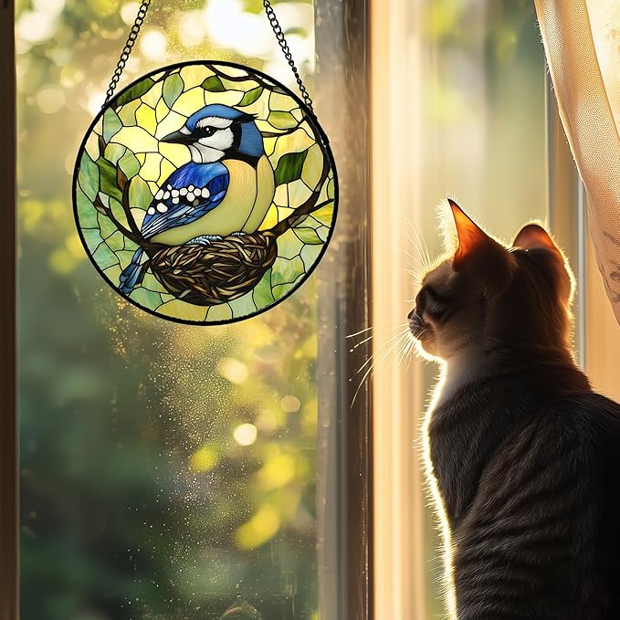 Stained Glass Window Hanging 4 Pcs Set Bird Theme On Branch 6.3" - Cardinal Suncatcher Door Garden Sun Catcher Decor Birthday Christmas for Mom Woman Nana Men