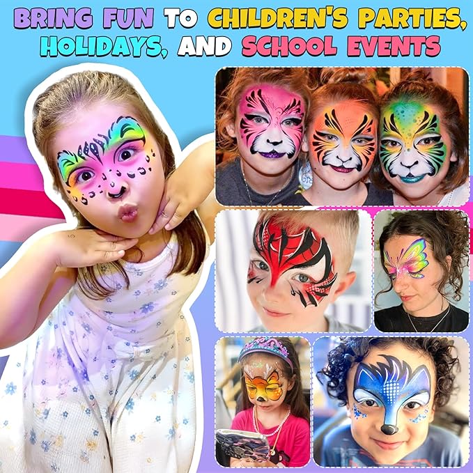 Drawdart Professional Face Painting Kit for Kids Adults, Large Split Cake Face Paint Palette| with Stencils, Book, Easy to Use and Safe for Kids, Fun for Halloween, Birthday Party, School Event