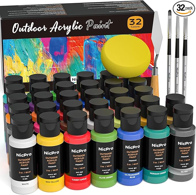 Nicpro 32 Colors Outdoor Acrylic Paint Bulk with Brush and Sponge, Knife, Non-Toxic Paint for Multi-surface Rock, Wood, Fabric, Leather, Crafts, Canvas, Shoes and Wall Painting
