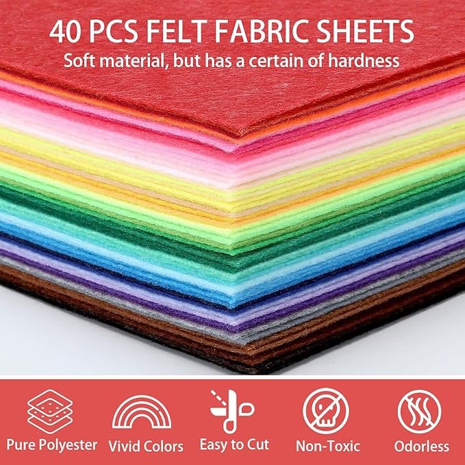 40PCS Felt Fabric Sheets Craft - 12"x 12" Assorted Colors - 1mm Thick Square Nonwoven Felt Fabric for Crafts DIY
