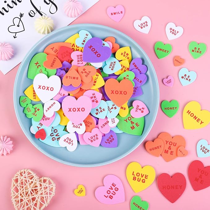 Ruisita 500 Pieces Valentine's Day Heart Shaped Foam Stickers in Pure Color Printed Letters 8 Colors 3 Sizes Self-Adhesive Stickers for Valentine's Day Scrapbooking Craft Decorations